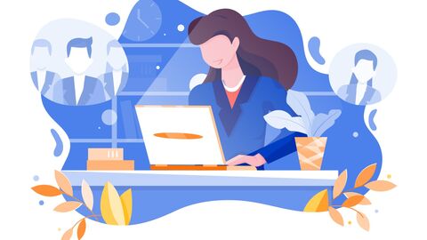 Illustraztion eienr Frau am Schreibtisch am Laptop. In ihren Gedanken weitere Kollegen und eine Koleegin.