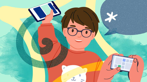 Kind in lustigem Tierpulli hält lachend ein Handy in die Luft, daneben eine Sprechblase. Im Vordergrund sind noch zwei andere Hände, die ein Handy bedienen. 