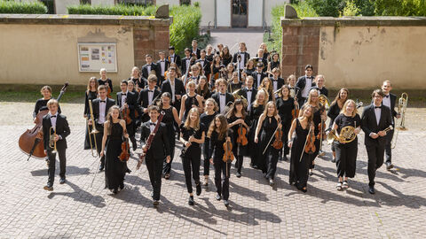 Landesjugendsinfonieorchester gemeinsam auf einem Bild mit ihren Instrumenten
