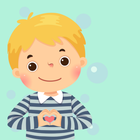 Illustration: Ein Kind steht lächelnd vor Seifenblasen und formt mit seinen Händen eine Herzgeste.