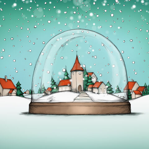Illustrierte Winterlandschaft, Der Kirchturm und ein paar Häuser sind in einer Schneekugel.